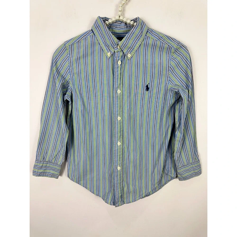 Ralph Lauren Boys 5 Blue Green Striped Button Down Dress‎ Shirt Logo Cotton